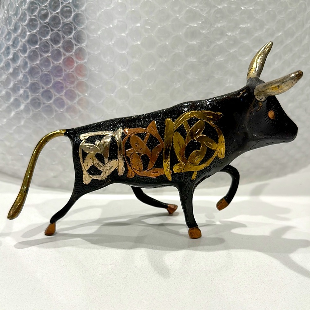 Antique Brass Bull Figurine Etches Design